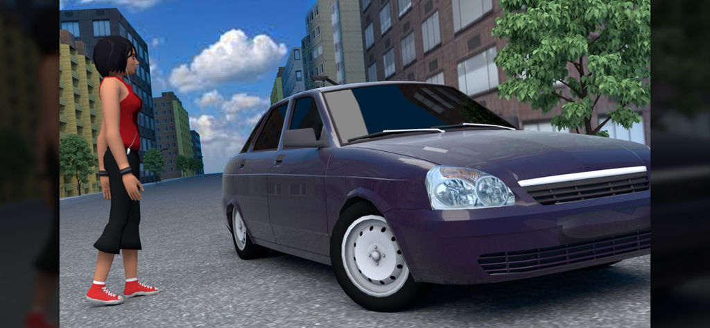 Car Simulator Priorik - A dark purple Priorik car parked on an urban street next to a female character in a car simulation game.