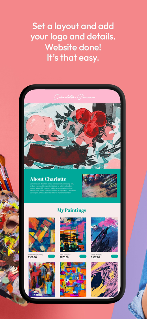 n8: Create. Sell. Refresh. - Eine professionelle Künstler-Website mit einem „Über mich“-Bereich und einer Galerie mit Gemälden, angezeigt auf einem Mobiltelefon