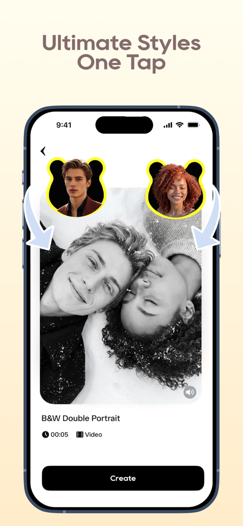 Quokka: AI Video Effects Maker - Screenshot of Quokka AI Video Effects Maker showing a black and white double portrait transformation style