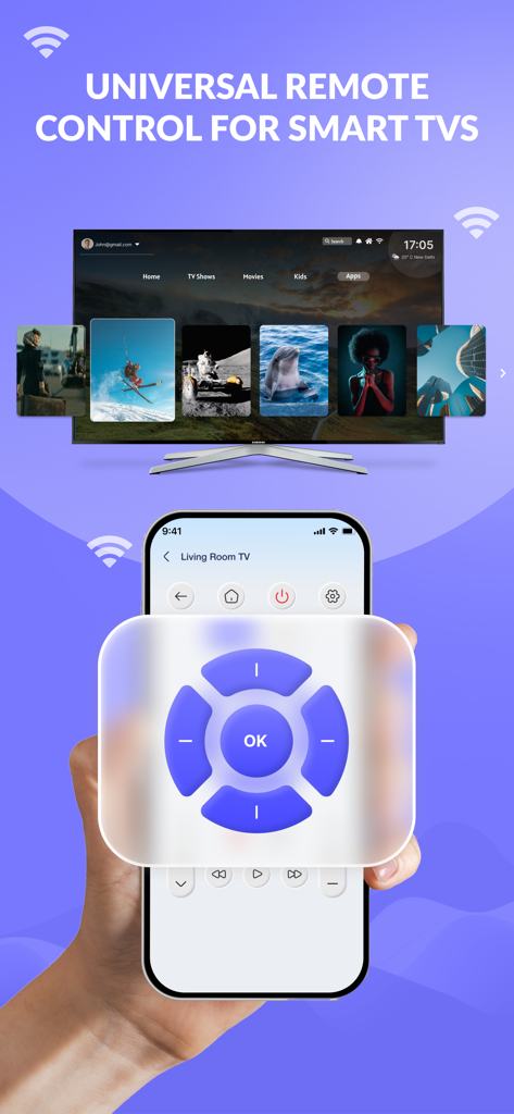 Smart Remote Controller TV - An iPhone displaying a universal smart TV remote control app interface with directional buttons and a touchpad