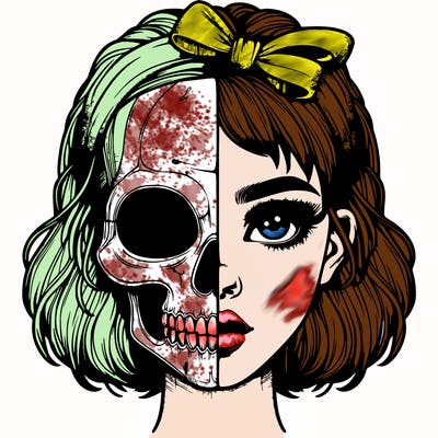realistic girl with half skull mask
