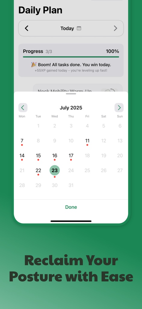 Necklo app interface displaying the daily plan progress and a habit tracking calendar.