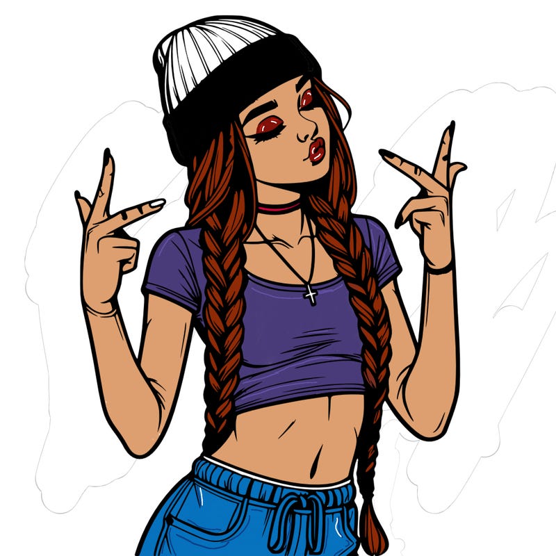 realistic teenage girl with braids and a beanie and crop top doing 🫶🏼
