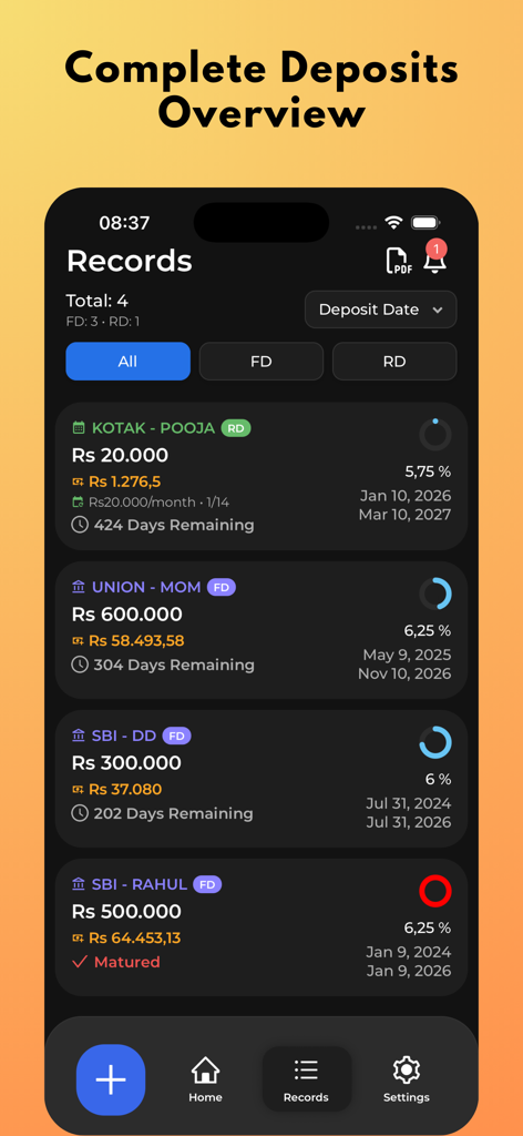 Mobile app interface displaying a list of fixed and recurring deposit records with interest rates and maturity dates.