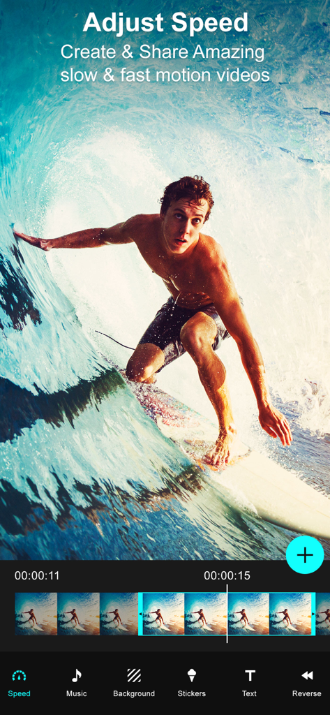 Video Merger app interface showing the speed adjustment feature with a surfer video