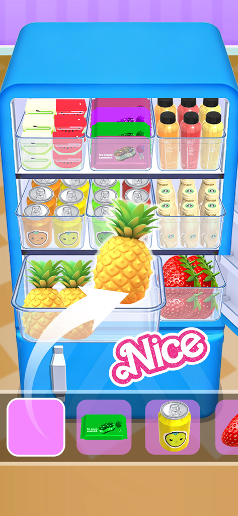 Organizando abacaxis e latas de refrigerante em uma geladeira azul no Daily Restock