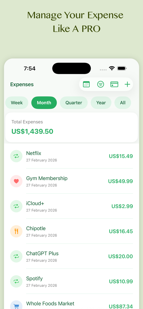 Monatliche Ausgabenliste-Oberfläche in der Budget Planner App, die Gesamtausgaben und kategorisierte Transaktionen anzeigt.