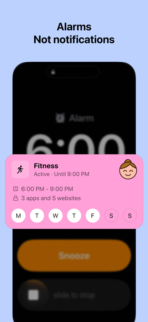Mom Clock app interface showing an alarm schedule for a fitness routine with app blocking enabled
