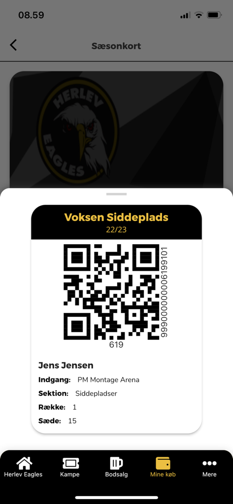 Metal Ligaen - Digital ice hockey season pass with a QR code for a Herlev Eagles match in the Metal Ligaen app