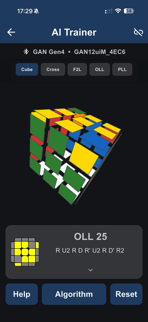 CFOPTrainer AI trainer screen displaying OLL 25 algorithm and 3D cube model for smart cube training