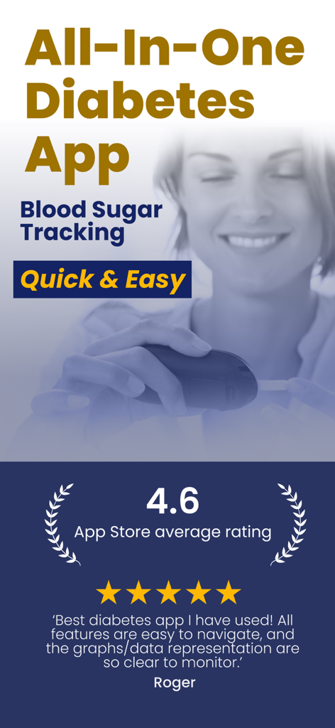 Blood Sugar Monitor Glucobyte - Glucobyte diabetes tracking app promotion showing 4.6 star rating and positive user review