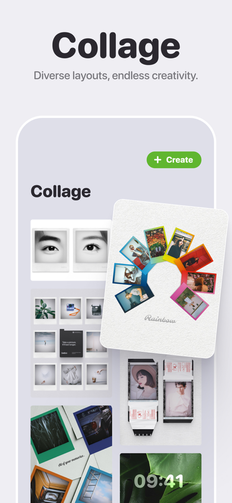 Bebo Cam:Retro Instant Camera - Interfaccia dell'app Bebo Cam che mostra vari modelli di collage per foto istantanee retrò e cornici.