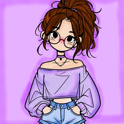 girl with a messy ponytail glasses a baggy crop top and jean shorts