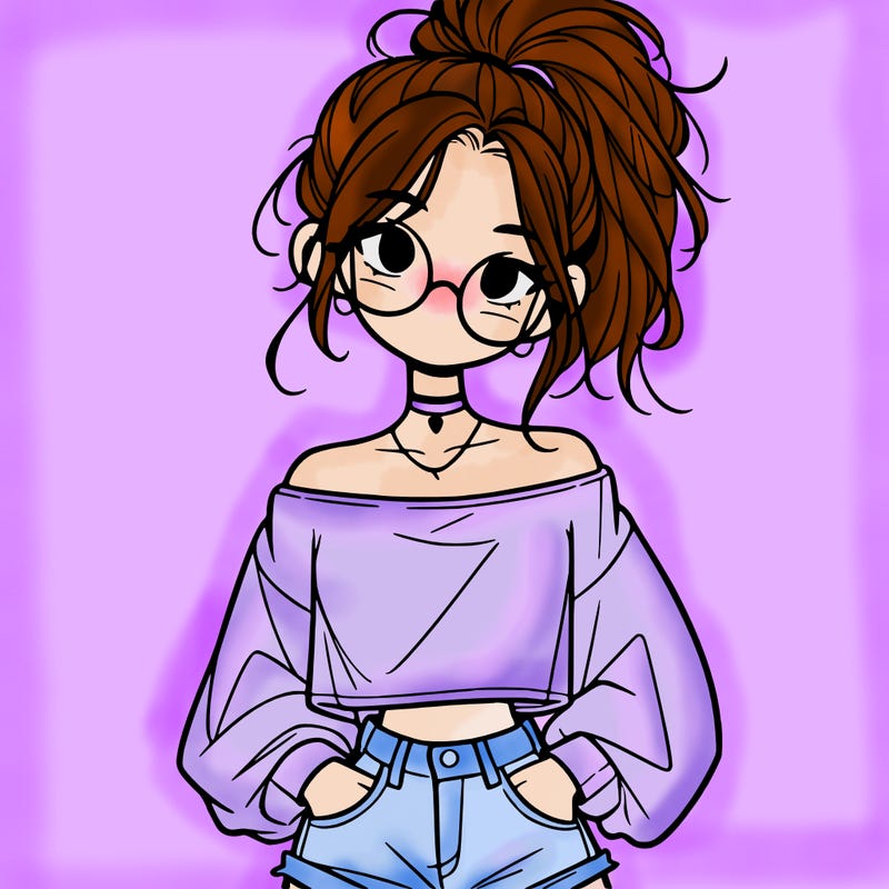 girl with a messy ponytail glasses a baggy crop top and jean shorts