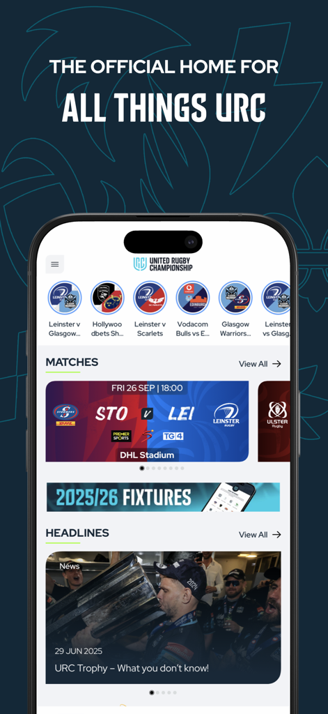 The home screen of the United Rugby Championship app featuring match schedules and news headlines