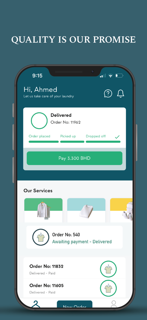 The Laundry House - La interfaz de la aplicación The Laundry House mostrando el estado del pedido y el estado del pago