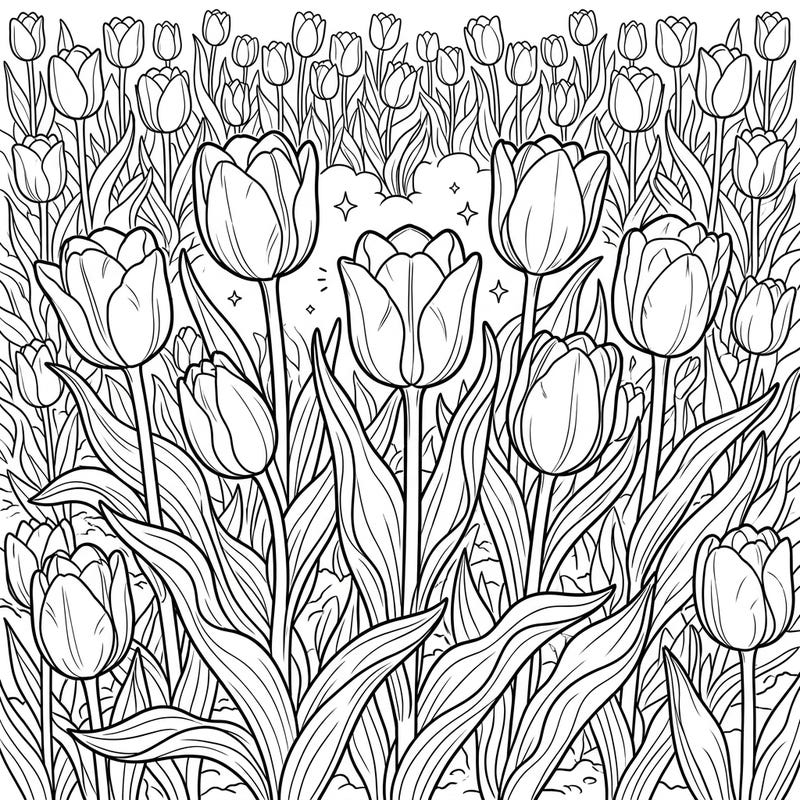 Discover the vibrant world of Triumph tulips with this stunning full scene coloring page. Every inch of this intricate design is packed with delicate flowers and lush foliage, ready for your artistic touch.
