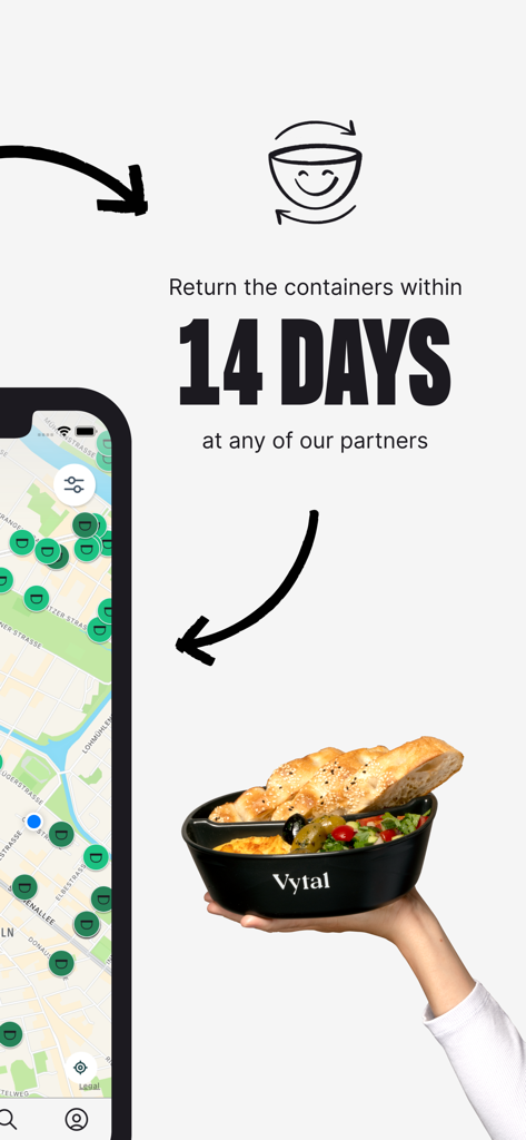 VYTAL app screen displaying a reusable food container and a 14-day return policy for partner locations