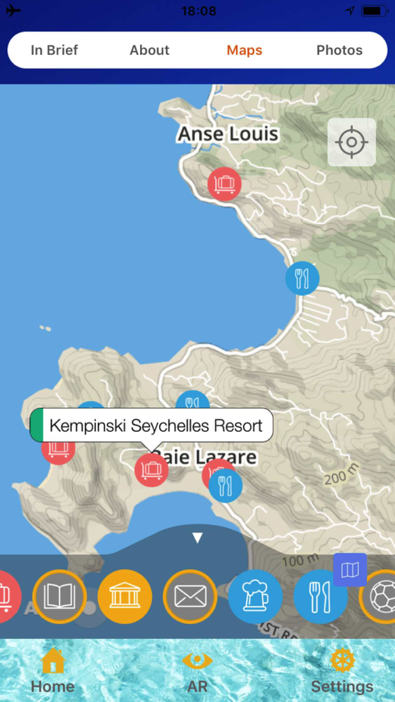 Benutzeroberfläche der Seychellen Reiseführer-App mit einer Offline-Karte und Pins für Resorts und Restaurants