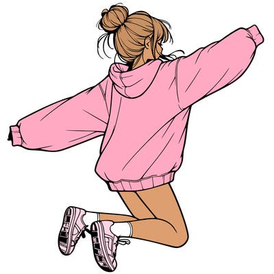 realistic girl jumping with a bun and oversized sweatshirt