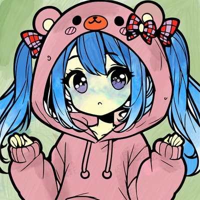 cute anime girl with ponytails and a cute bear hoodie
