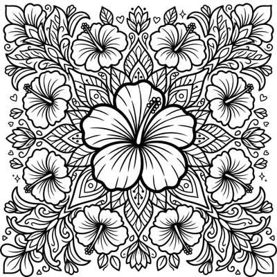 Unleash your child's creativity with this beautiful hibiscus mandala coloring page. Perfect for young artists, this design offers a delightful tropical escape with its bold petals and symmetrical patterns.