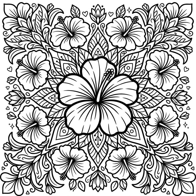 Unleash your child's creativity with this beautiful hibiscus mandala coloring page. Perfect for young artists, this design offers a delightful tropical escape with its bold petals and symmetrical patterns.