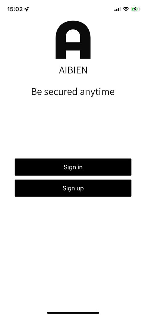 Aibien - Aibien home security app splash screen with login and registration options