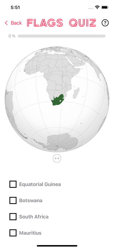 Flags & Countries Quiz! - A geography quiz screen showing a globe with South Africa highlighted and multiple choice answer options.