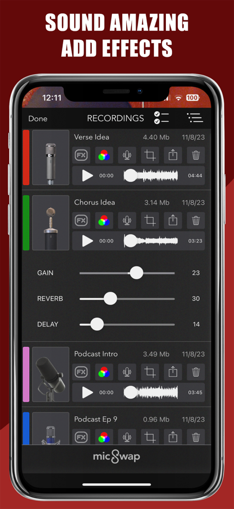 Interface of MicSwap Pro showing a list of audio recordings and sliders for gain reverb and delay effects