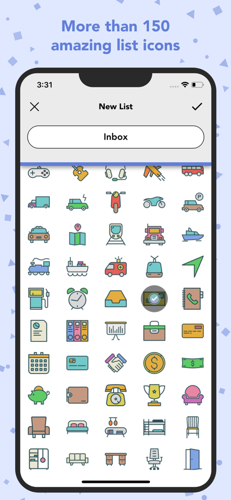 Lists To-do - A mobile app screen showing a wide variety of colorful icons for categorizing tasks and lists.