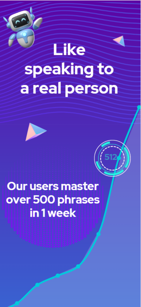 Sayo - Speak and Learn English - Sayo app screenshot showing an AI tutor robot and a growth graph indicating users master over 500 English phrases in one week.