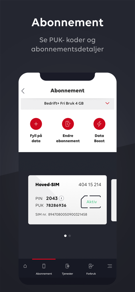 Ditt Phonero app showing mobile subscription details and SIM security codes