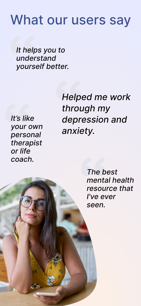 Me: Self Care App - Eine Sammlung positiver Nutzerbewertungen für die Me Self Care App mit einem Porträt einer nachdenklichen Frau.