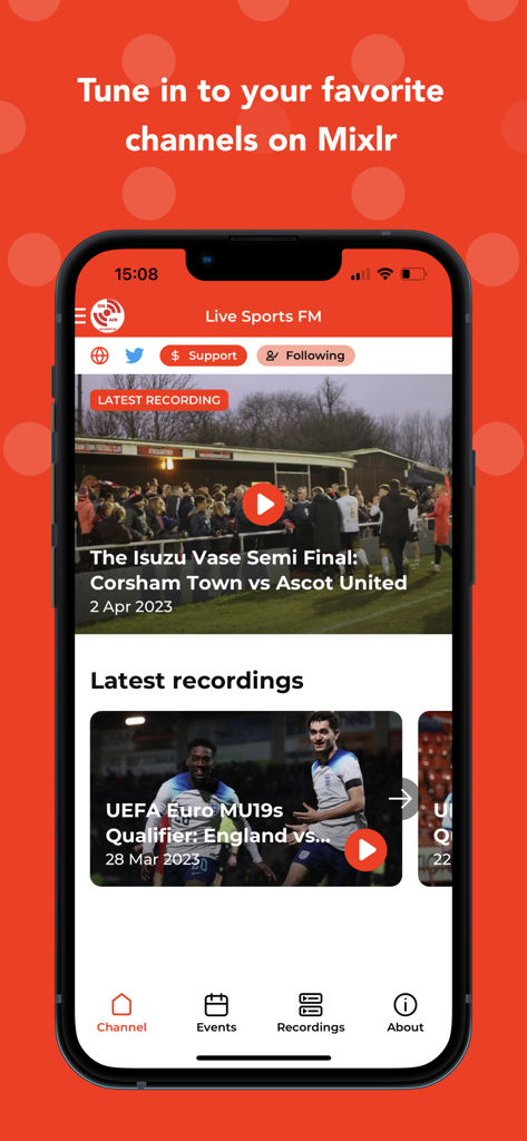 Mixlr - Social Live Audio - Interfaz de la aplicación Mixlr mostrando un canal de deportes en vivo con partidos de fútbol grabados y opciones de transmisión de audio.