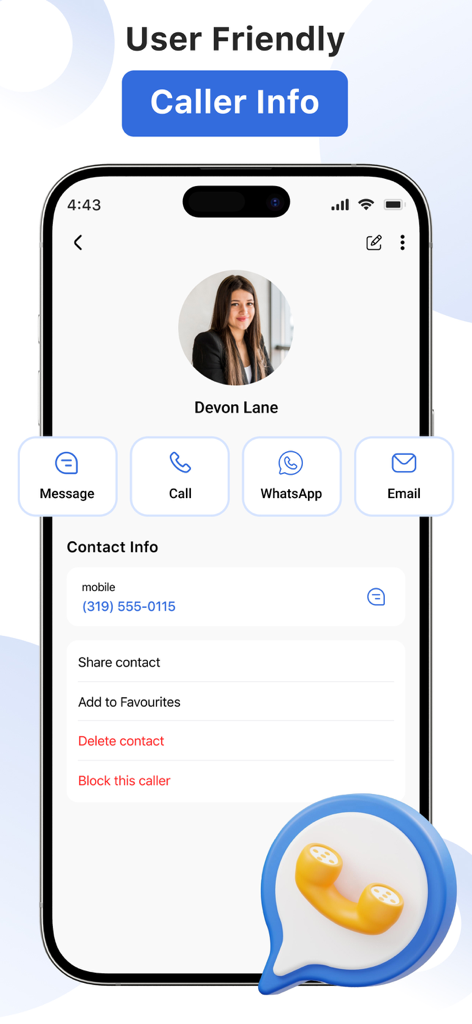 CallApp - Caller ID & Block - A screenshot of CallApp showing detailed contact information and options to block or message a caller