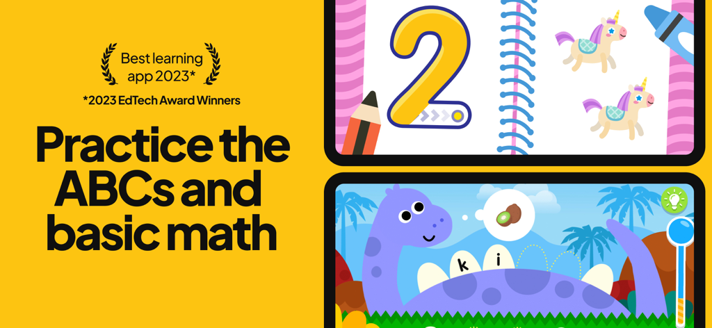 Papumba: Kids Learning Games - Papumba kids learning app interface showing number tracing and literacy activities with an EdTech award badge