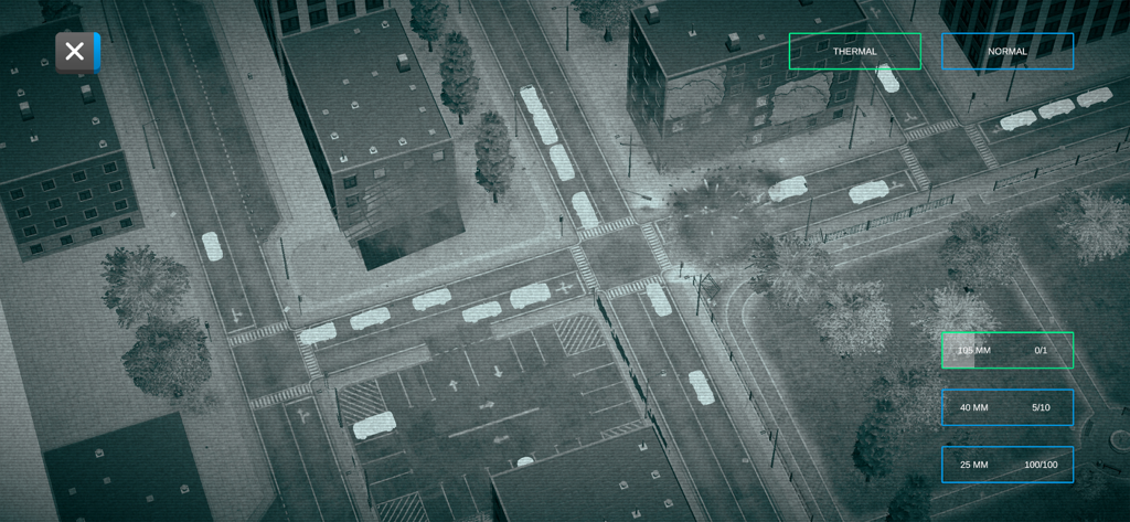 City Smash 2 - A top-down view of City Smash 2 gameplay in thermal vision mode featuring a city intersection and weapon selection UI.
