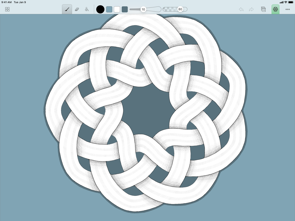 A hand-drawn interlocking circular pattern created using symmetry tools in the Amaziograph iPad app