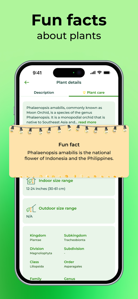 PlantSnap - Plant Scanner - PlantSnap mobile interface with fun facts and botanical taxonomy for a Moon Orchid plant.