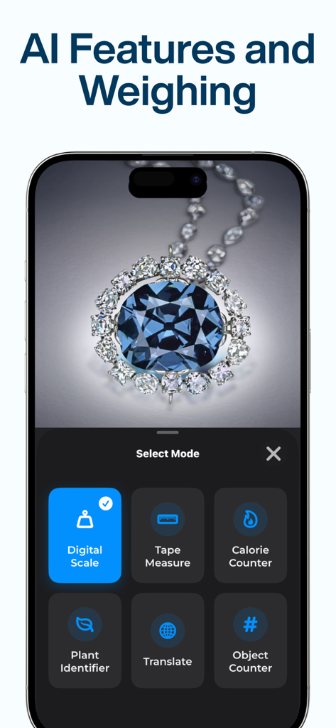 Scale For Grams - AI Weighing - Scale For Gramsアプリのインターフェイス、デジタルスケール、巻尺、カロリーカウンター機能を含むAIツールキットを表示
