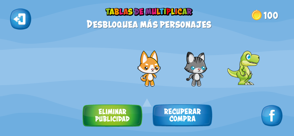 Character selection screen in the multiplication tables app featuring a fox cat and dinosaur