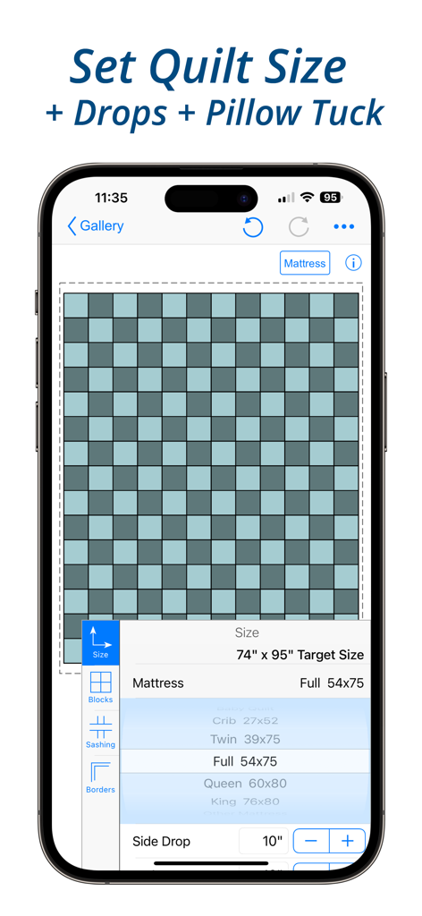 QuiltSize - QuiltSize app interface showing quilt layout and mattress size options
