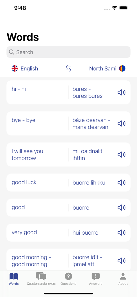 Screenshot of the Get to know Sami languages app showing a list of English to North Sami translations with audio pronunciation buttons.