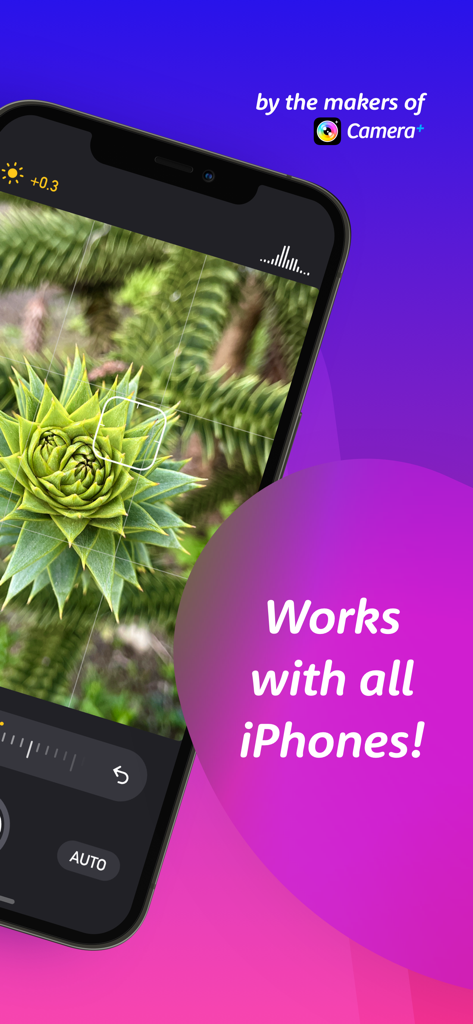 Macro by Camera plus app screenshot showing a detailed succulent photo and the text works with all iPhones