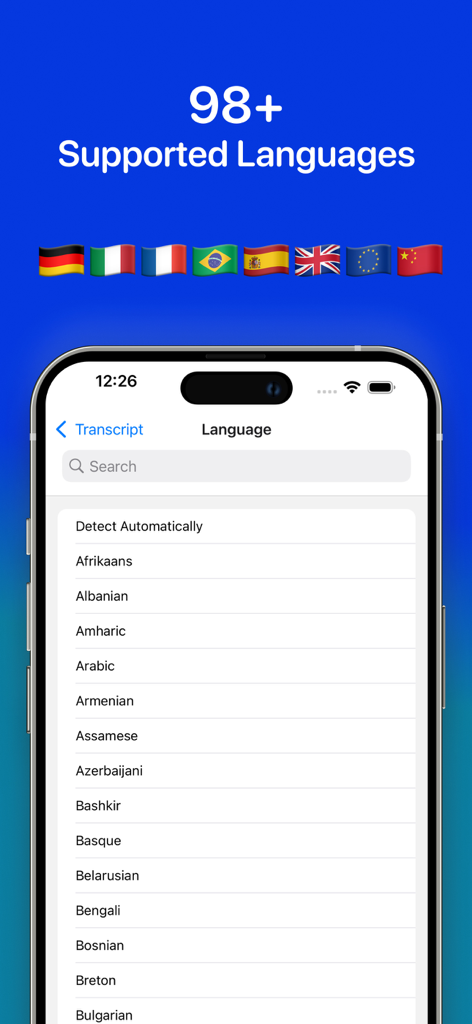 Una pantalla móvil que muestra una lista de más de 98 idiomas compatibles para la transcripción en la aplicación Transcribe Best.