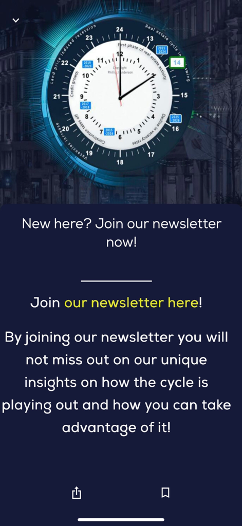 PSE - Newsletter signup screen of the PSE app featuring an economic cycle clock graphic.