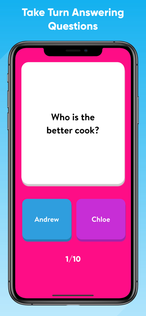 Couples Questions - Quiz Test - A mobile interface for the Couples Questions app displaying a relationship quiz question asking who is the better cook between two partners