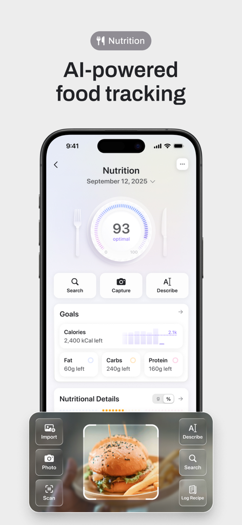 Bevel: All-In-One Health App - Bevel app screenshot showing AI food tracking with nutrition goals and meal capture interface