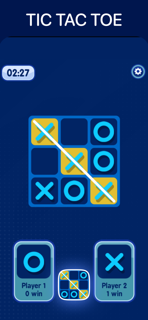 A screenshot of an offline Tic Tac Toe match for two players on a single device showing a winning diagonal of X marks.